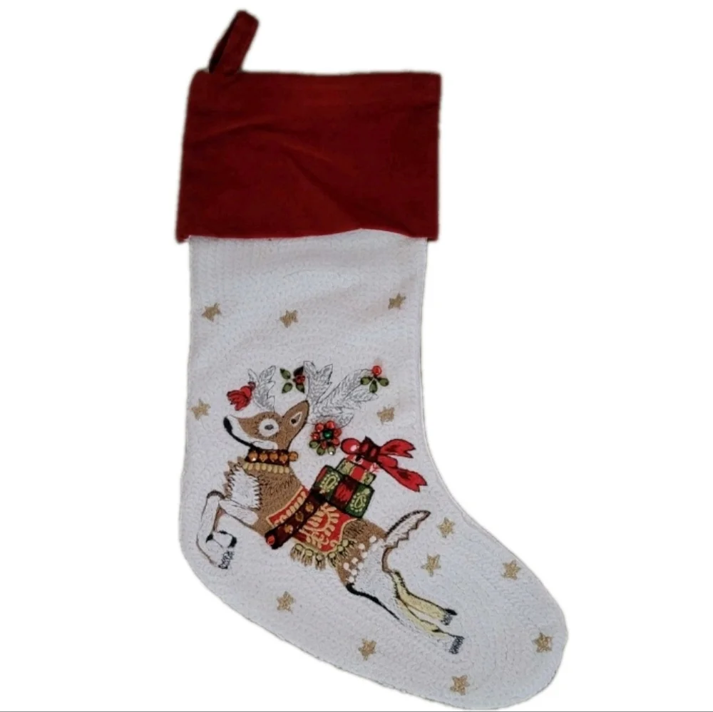 Williams Sonoma TWAS NIGHT BEFORE CHRISTMAS Reindeer Crewel Christmas Stocking